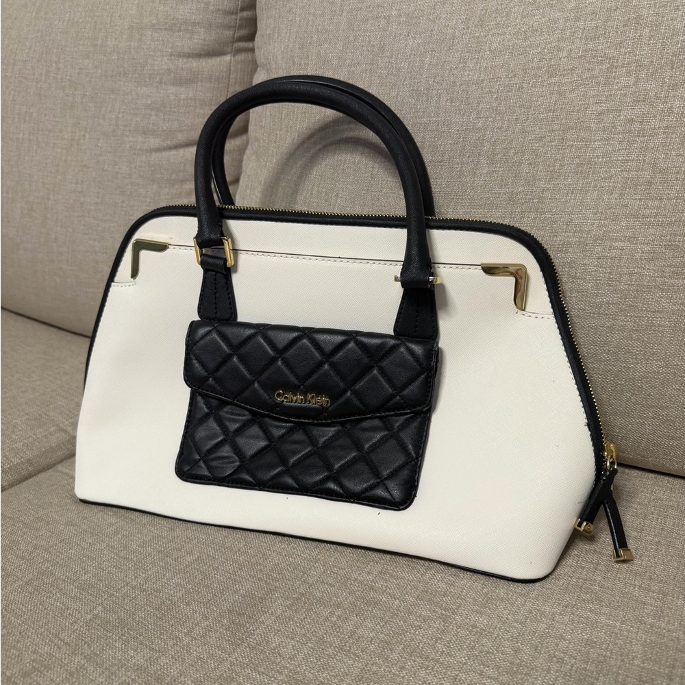 Calvin Klein Black & White Quilted Satchel with Gold Accents